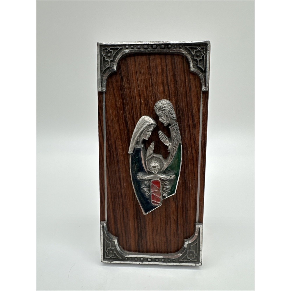 Vintage Holy Family Pewter Enamel Wood Plaque Jesus Mary Joseph Tabletop Decor